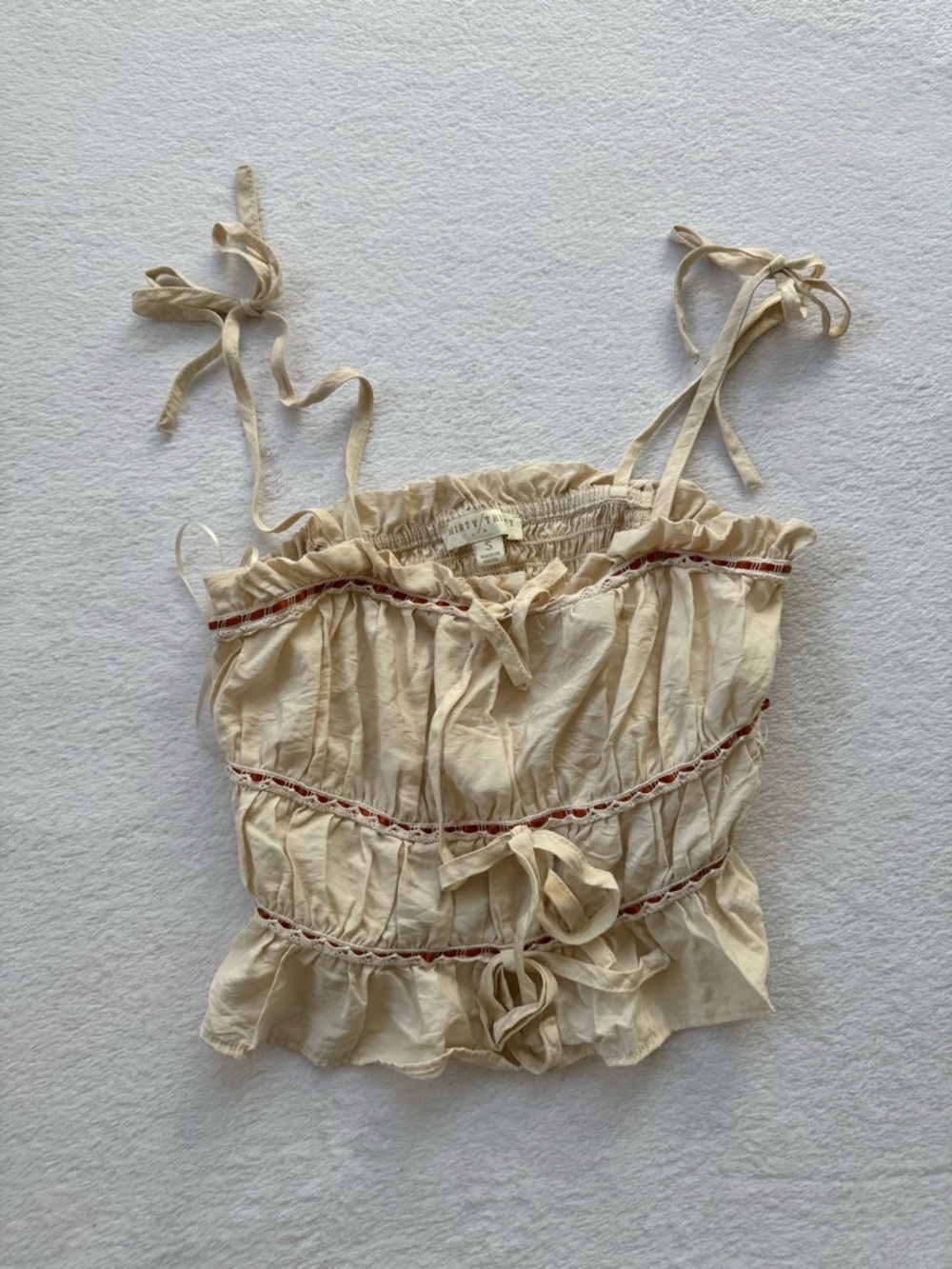 Y2K Cream Ruffle Tie-Strap Crop Top with Red Trim